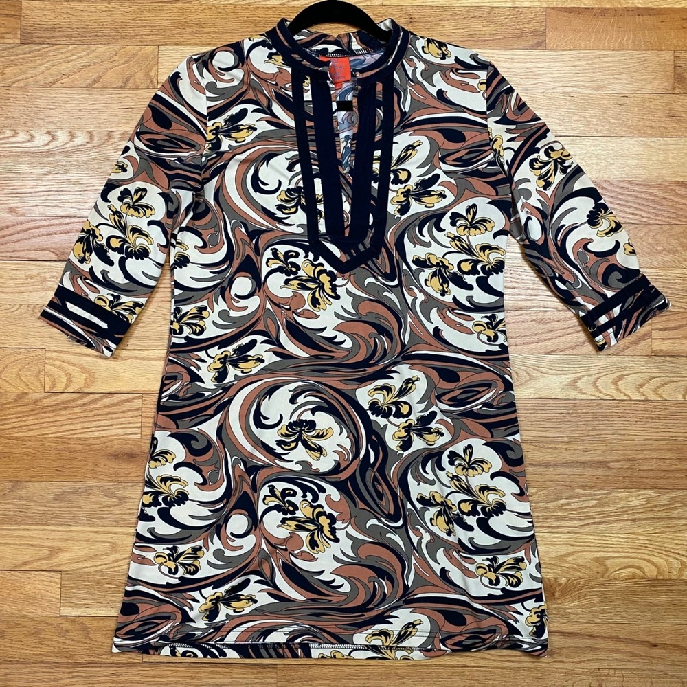 Tracy Negoshian Tunic Dress Womens Small Brown Swirl Floral Mod Boho 3/4 Sleeve